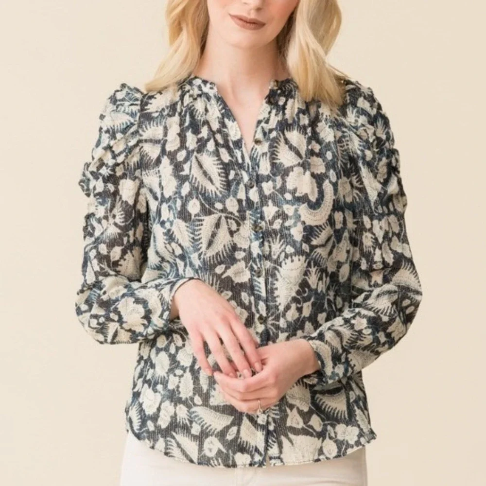 ULLA JOHNSON Adina Long Sleeve Button-Down Blouse Indigo Blue Gold Women‎ Size 0